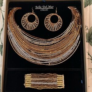 Gold and Silver Layered Beaded Necklace Set with Hoop Earrings